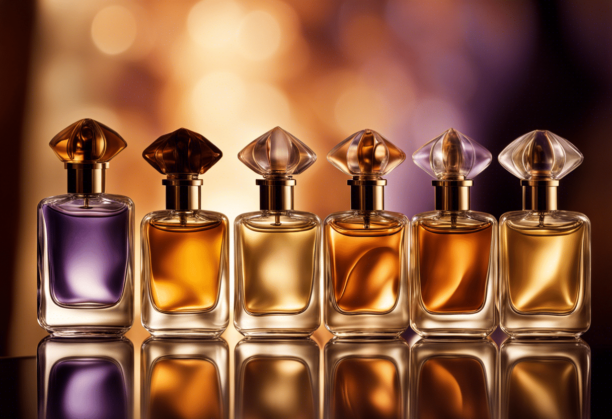 Cinq flacons de parfums séduisants sur une table  
Parfums sensuels présentés avec élégance et style