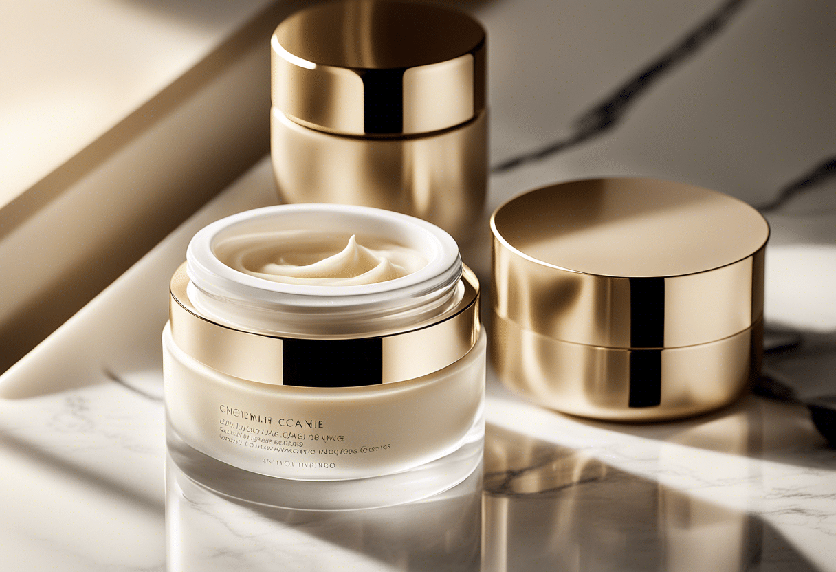 Crème lifting effet immédiat sur un fond neutre  
Pot de crème avec texture lisse et éclatante