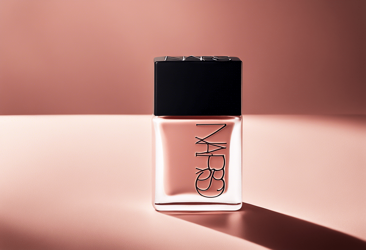 Flacon de blush liquide Nars sur fond neutre  
Produit cosmétique Nars pour un teint éclatant