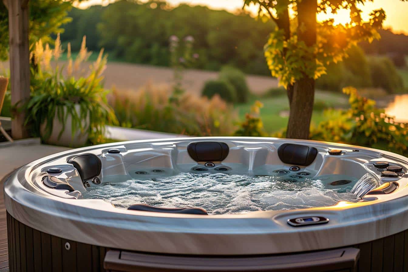 Jacuzzi extérieur de qualité dans un jardin ensoleillé  
Détente et luxe au bord d'un jacuzzi en extérieur