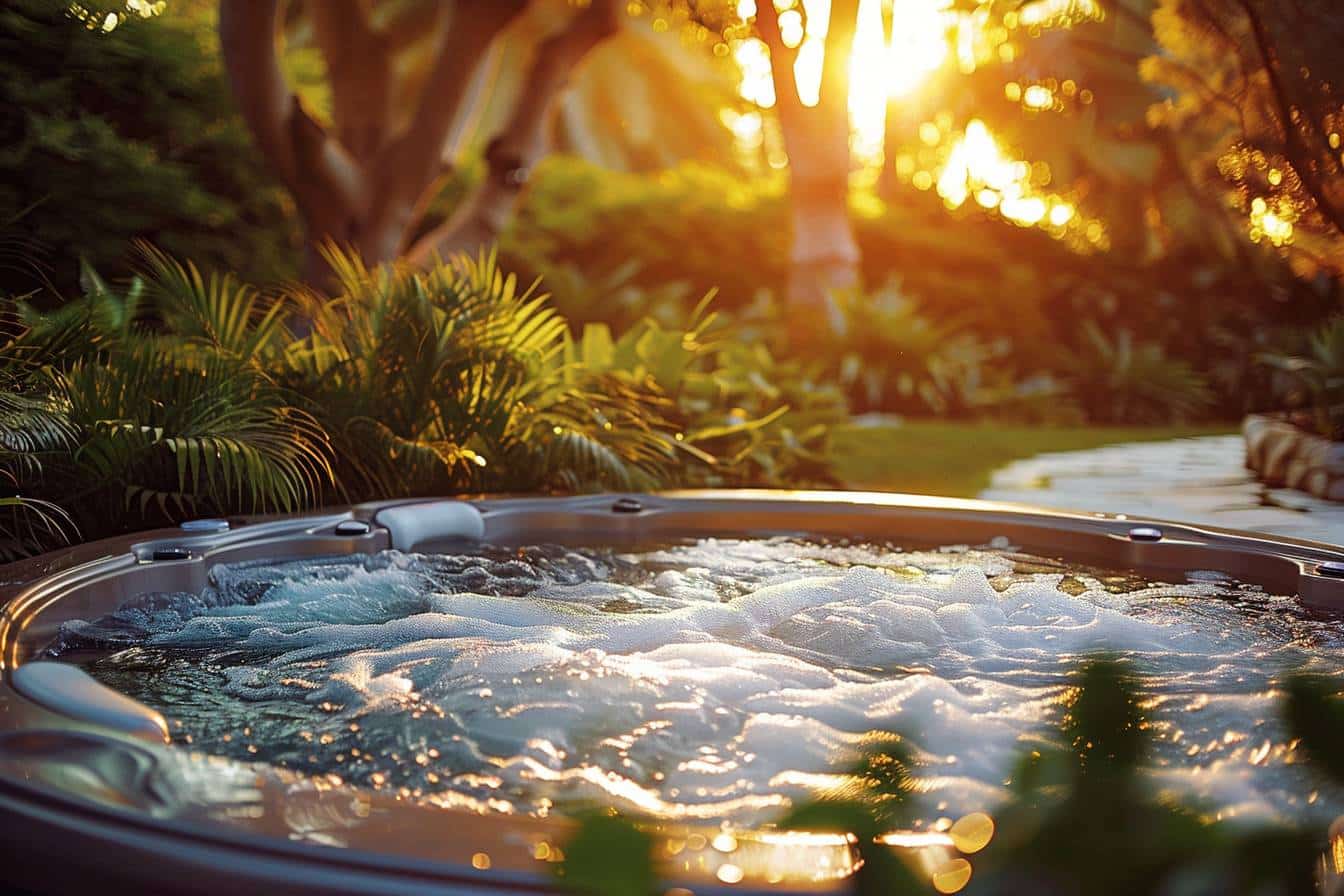 Jacuzzi extérieur entouré de verdure et de détente  
Espace de relaxation avec jacuzzi dans un jardin aménagé